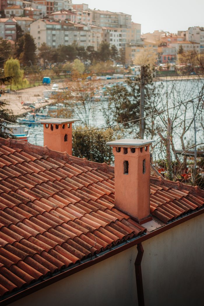 Red tiled rooftops with chimneys by a scenic waterfront town.